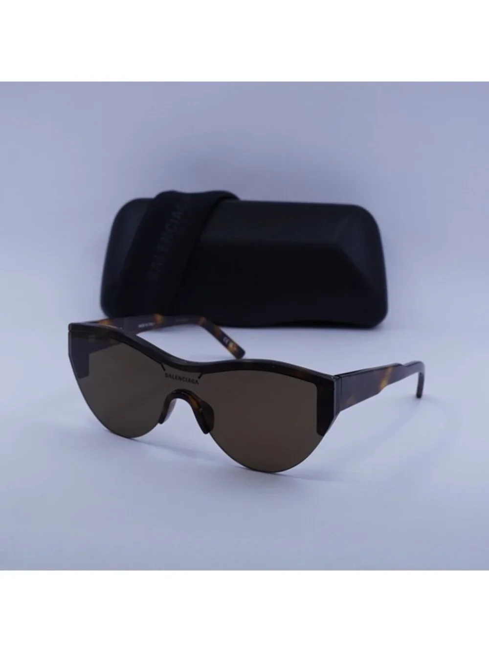 Balenciaga BB0004S 007 Sunglasses Shiny Medium Havana Shield Frame